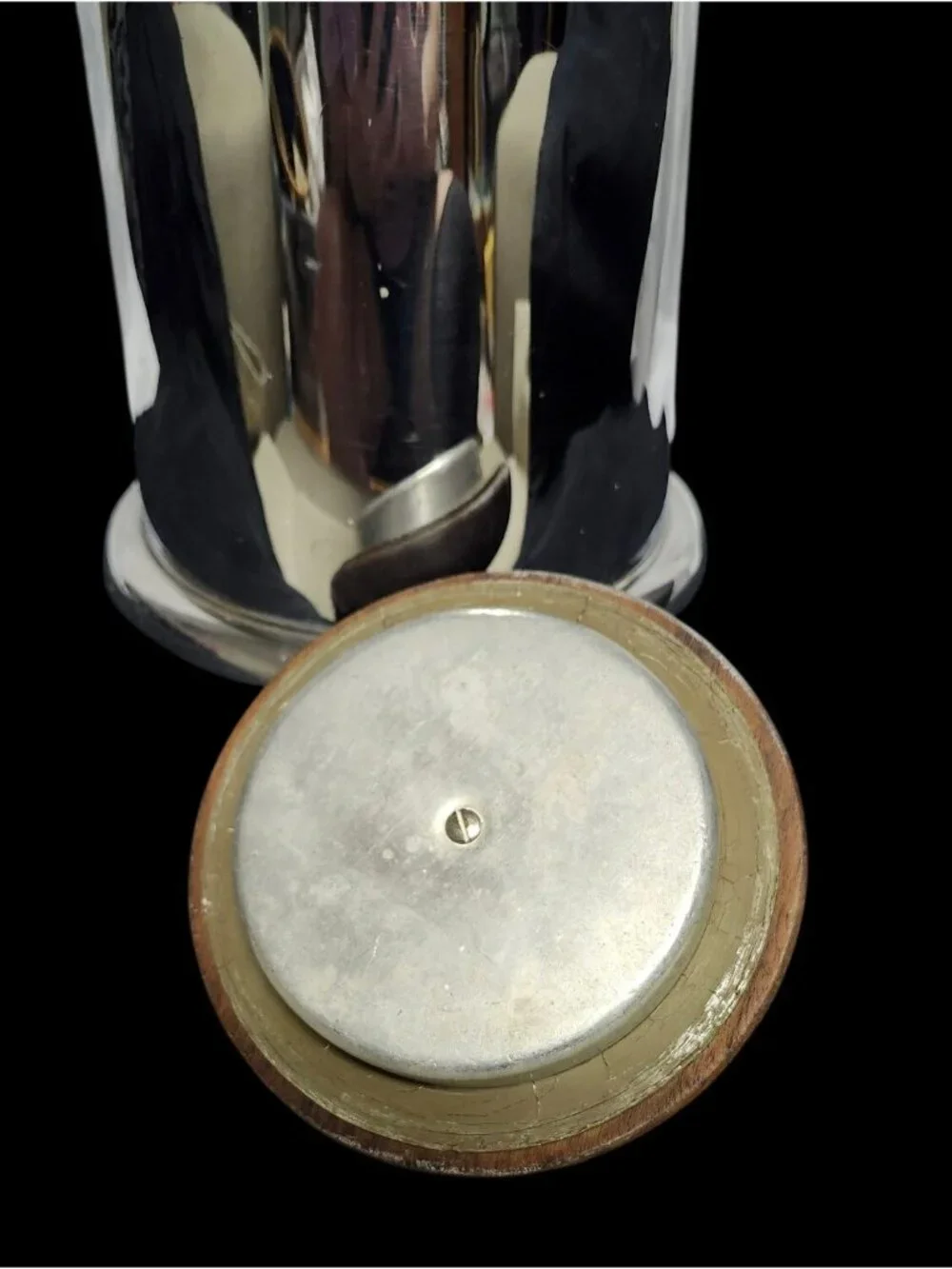 Vintage Manning-Bowman Art Deco Chrome Ice Bucket  Walnut Lid Rare Double Handle